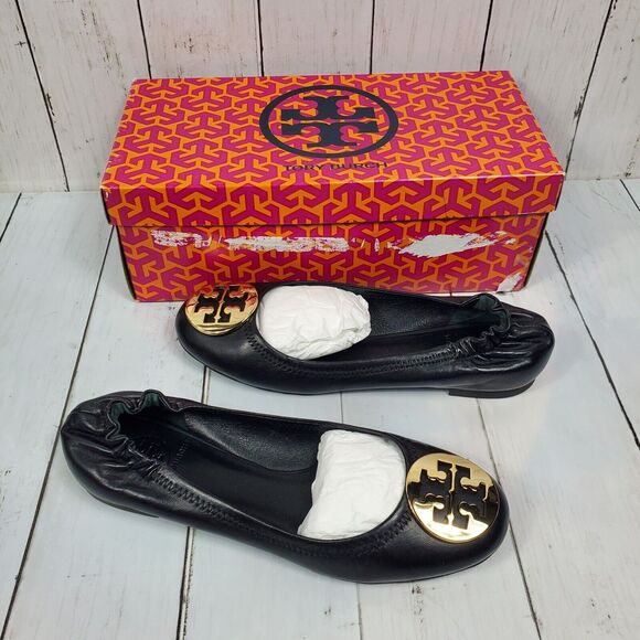 Tory Burch Reva Ballet Flats Size 7 M Black Leather Gold Metallic Logo Comfy GUC - Picture 1 of 13